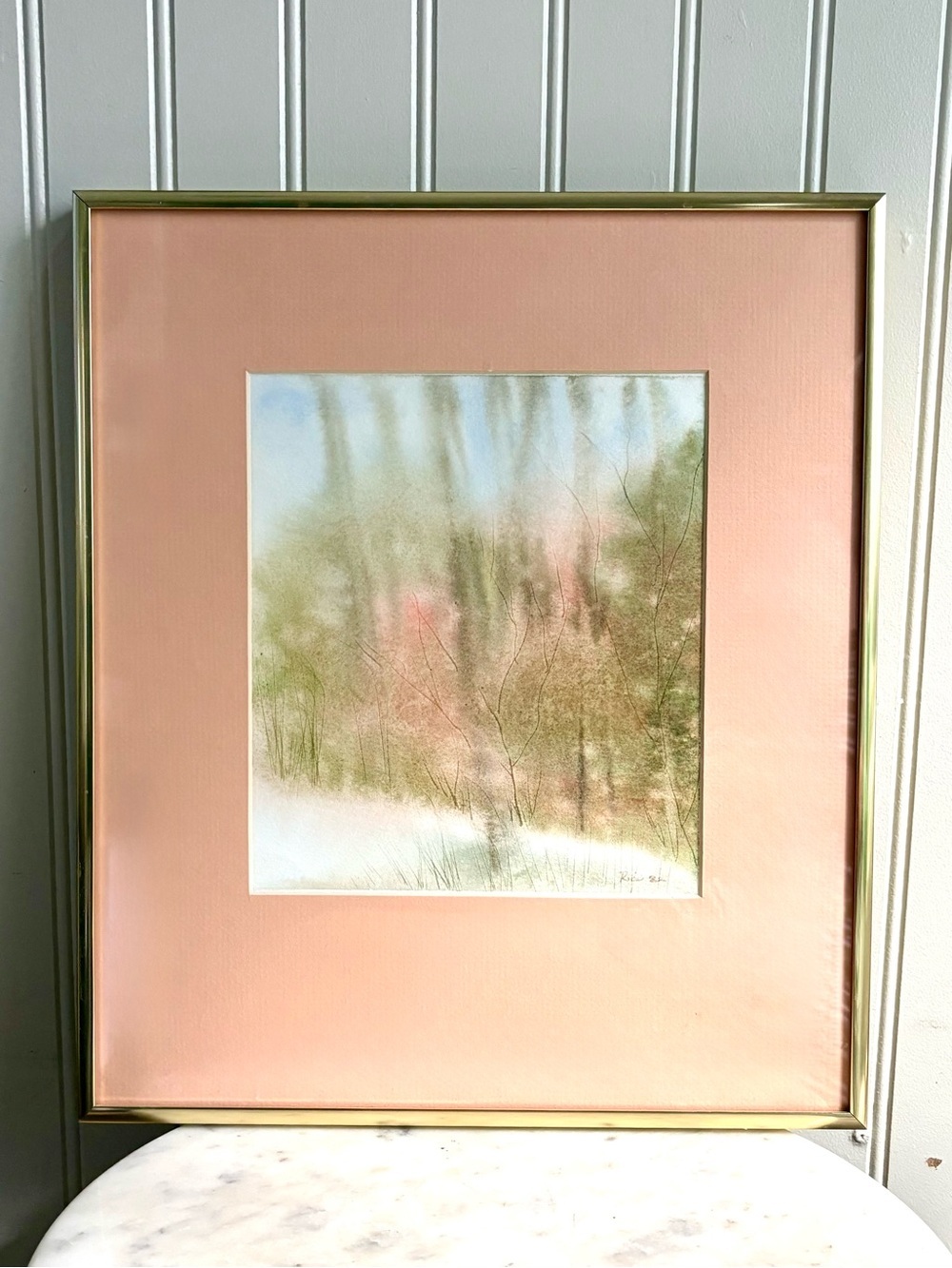 Vintage Martin Rice Serene Watercolor Abstract Landscape Painting Peach & Green